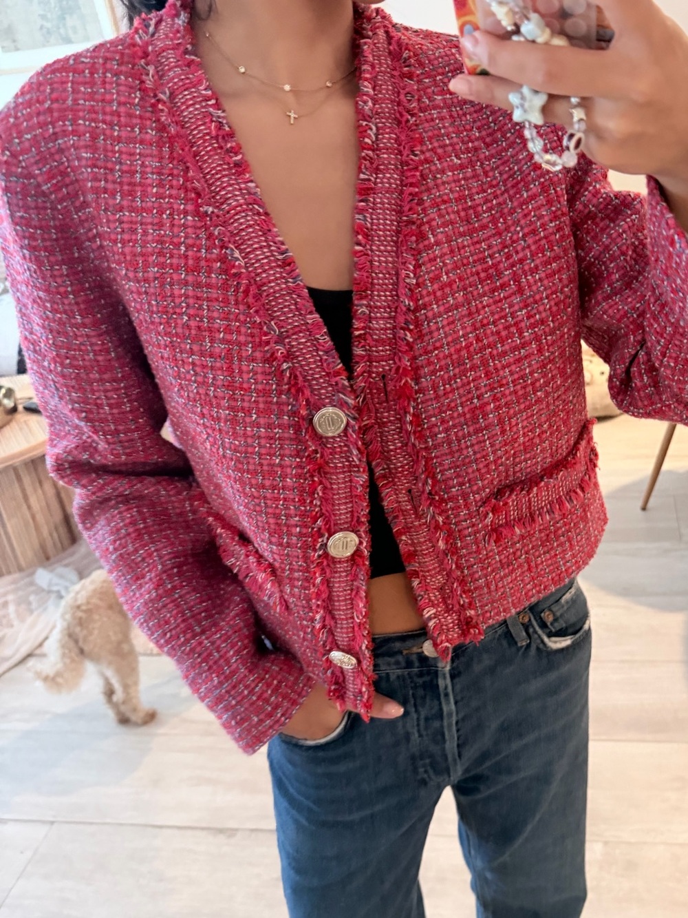 Maje Pink Tweed Cropped Blazer